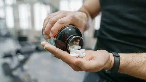 Uomo in palestra versa creatina in polvere nella mano. Ottimizza i tuoi allenamenti: scopri creatina quando assumerla per massimizzare i risultati.