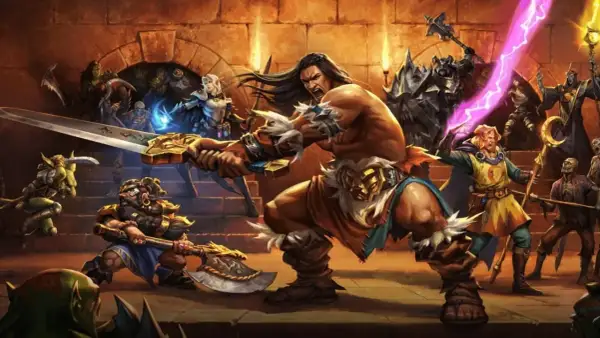 Helden kämpfen gegen Monster. Die Helden sind ein Barbar, ein Zwerg, eine Elfe und ein Magier. Die Monster sind Orks, Skelette und ein Ritter. Die Szene erinnert an die HeroQuest Erweiterungen Reihenfolge.
