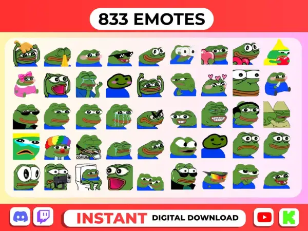 Viele verschiedene Twitch Emotes sehen, die den beliebten Frosch Pepe darstellen, in lustigen und emotionalen Posen.