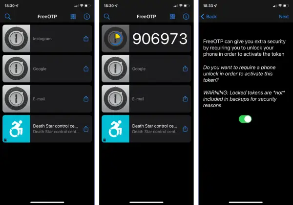 Aplikacja uwierzytelniająca FreeOTP wyświetla kody dla Instagrama, Google i e-maila. Włączono blokadę tokenów.