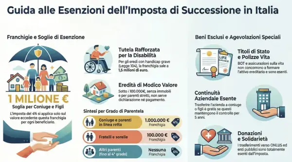 Guida alle esenzioni dell'imposta di successione in Italia: franchigie per coniugi/figli (1 milione €), disabili, eredità di modico valore e parentela.