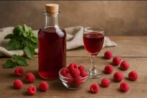 Butelka i kieliszek z malinowym likierem, przypominającym Chambord, otoczone świeżymi malinami i listkami mięty.