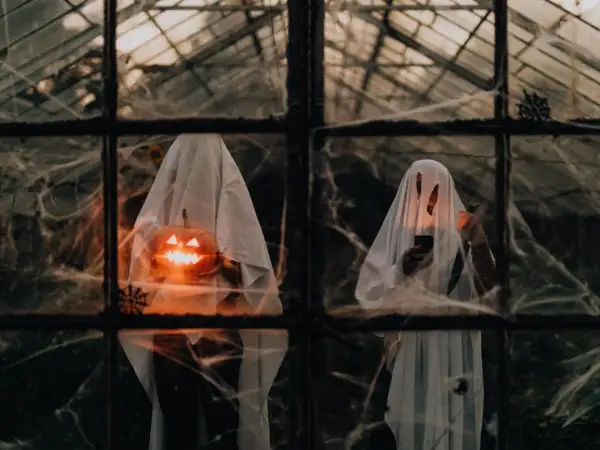 Zwei Geister mit Kürbissen und Kerzen, die durch ein Spinnennetz-verhangenes Fenster blicken. Ein Blick in die Ursprünge von Halloween.