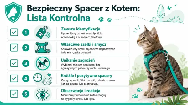 Jak nauczyć kota chodzić na smyczy: lista kontrolna. Kot w szelkach i na smyczy, gotowy na bezpieczny spacer.