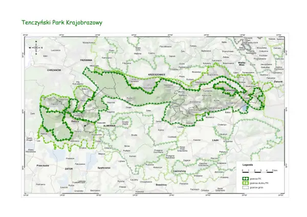 Mapa Tenczyńskiego Parku Krajobrazowego z zaznaczonymi szlakami pieszymi i granicami.