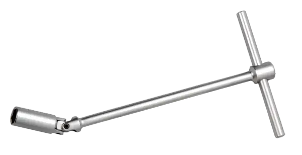 Metalowy klucz do świec zapłonowych z przegubem i uchwytem typu T. Ułatwia pracę w trudno dostępnych miejscach.