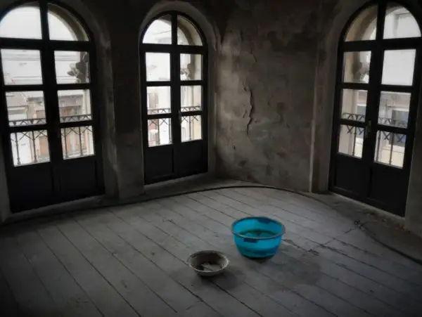 Habitación con tres ventanas arqueadas y suelo de madera. Hay dos cubos en el suelo, uno azul y otro gris, recogiendo agua. Se puede caer el techo por una gotera.
