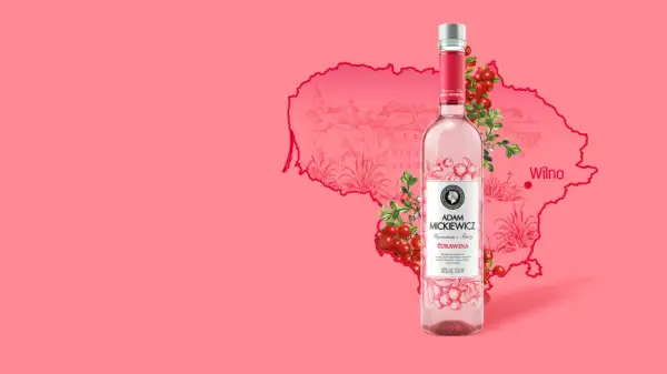 Wódka Adam Mickiewicz Żurawina, inspirowana Wilnem, z żurawiną i rysunkiem miasta.