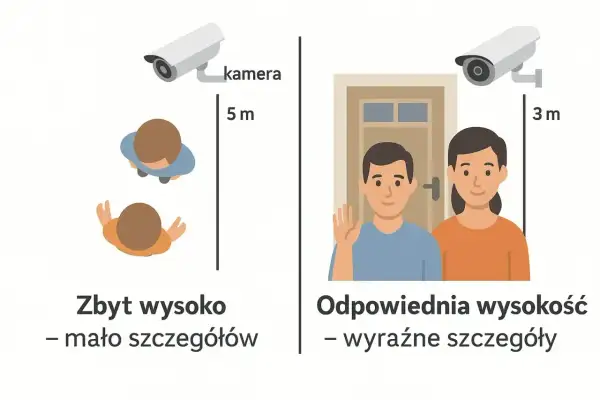 Kamera w podbitce zamontowana zbyt wysoko (5m) daje mało szczegółów. Montaż na wysokości 3m zapewnia wyraźne detale.