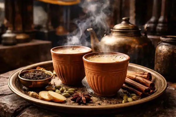 Två ångande koppar med chai te, kryddor som kanel, kardemumma, stjärnanis och ingefära, samt teblad. Ett perfekt chai te recept.