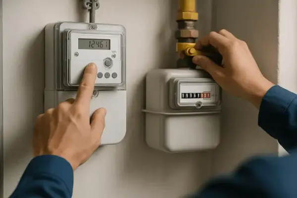 Ręka naciska przycisk licznika energii elektrycznej, obok którego znajduje się licznik gazu. Może to być związane z rozliczeniem według taryfy c12a.