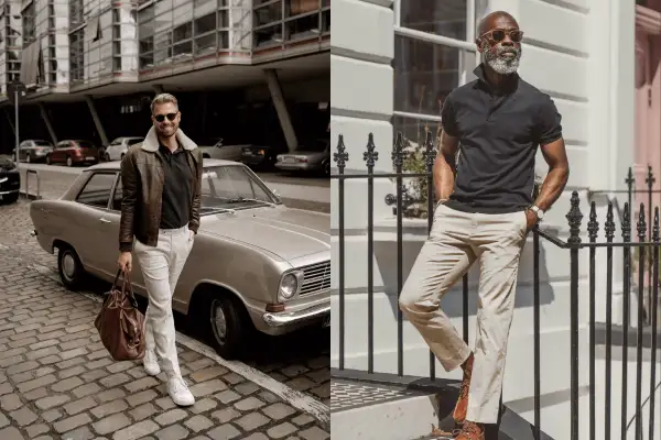 Zwei Männer in lässiger Kleidung. Links ein Mann mit brauner Lederjacke und schwarzem Polohemd, daneben ein Oldtimer. Rechts ein Mann in schwarzem Polohemd und beiger Hose.