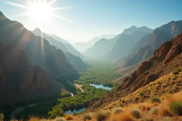 Oman: Dolina z zielenią i jeziorami, otoczona górami. Słońce przebija się przez mgłę, tworząc magiczny widok. Czy jest bezpiecznie? Tak, to piękny krajobraz.