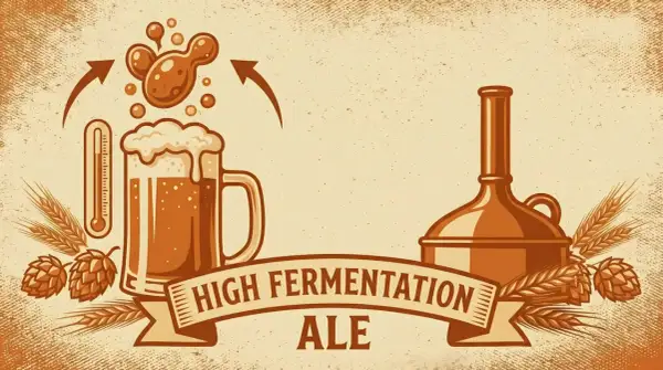 Lievito in azione per la fermentazione alta di una ale. Termometro, luppolo, orzo e alambicco completano la scena.