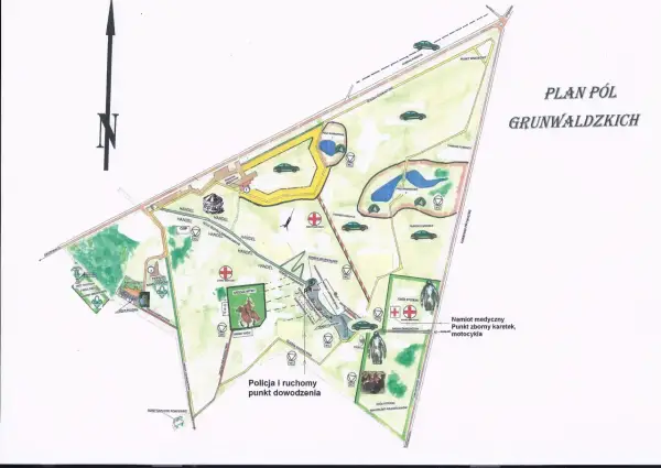 Plan Pól Grunwaldzkich z zaznaczonymi atrakcjami: parkingi, punkty widokowe, obozy rycerskie, miejsca bitwy, punkty medyczne.
