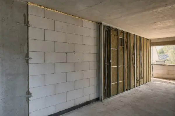 Ściana z bloczków zbrojona metalowym stelażem, w nieogrzewanym domu, czeka na karton gips. Izolacja z wełny mineralnej i instalacja elektryczna widoczne.