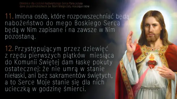 Obietnice dla czcicieli Najświętszego Serca Jezusa. Wizerunek Jezusa z gorejącym Sercem, otoczony obietnicami.