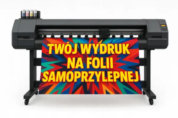Drukarka wielkoformatowa z kolorowym wydrukiem na folii samoprzylepnej.