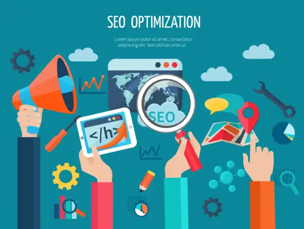 Manos trabajando en SEO: megáfono, tablet con código, lupa sobre mapa mundial y gráfico. Ideas para cómo solucionar los problemas SEO.