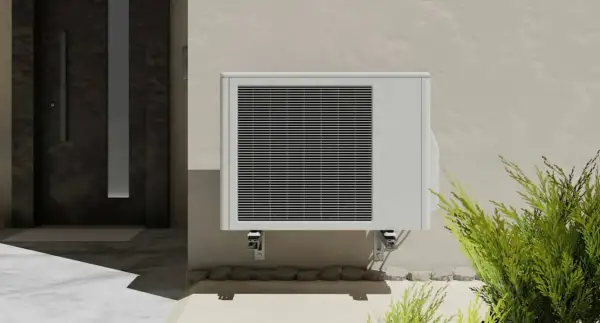 Unité extérieure de clim 2,5 kW, idéale pour une surface de 25 à 35 m². Installée près d'une porte d'entrée moderne.