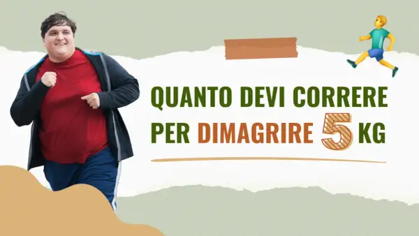 Un uomo in sovrappeso corre sorridendo, mentre un'icona stilizzata di un corridore si libra in aria. Il testo recita: "Quanto correre per dimagrire 5 kg".