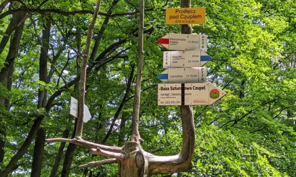 Rozdroże pod Czupel. Znaki PTTK wskazują drogę do Międzybrodzia Bialskiego, Magurki, Gaików i Czernichowa. Baza Szturmowa Czupel oferuje noclegi i saunę.