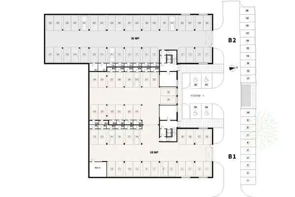 Plan parkingu z numerowanymi miejscami, w tym dla niepełnosprawnych. Nowe wymiary miejsc parkingowych zapewniają komfort.