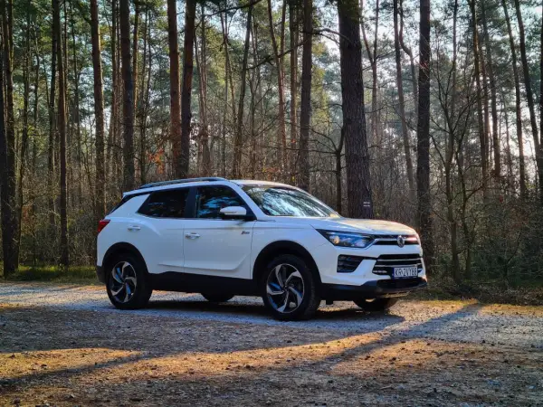 Biały SsangYong Korando zaparkowany na leśnej drodze, otoczony przez wysokie sosny. Światło przebija się przez drzewa, tworząc ciekawe cienie na ziemi.