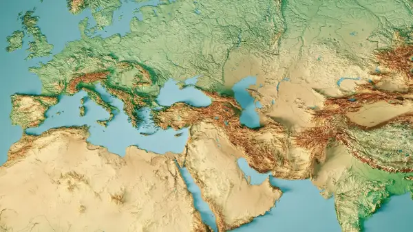 Mappa topografica Europa, Nord Africa e Medio Oriente. Illustra come si trovano le coordinate geografiche, mostrando rilievi e mari.