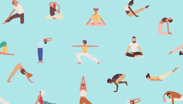 Diverse people practicing various yoga poses, including downward dog and warrior pose, perfect for a pull day stretches routine.