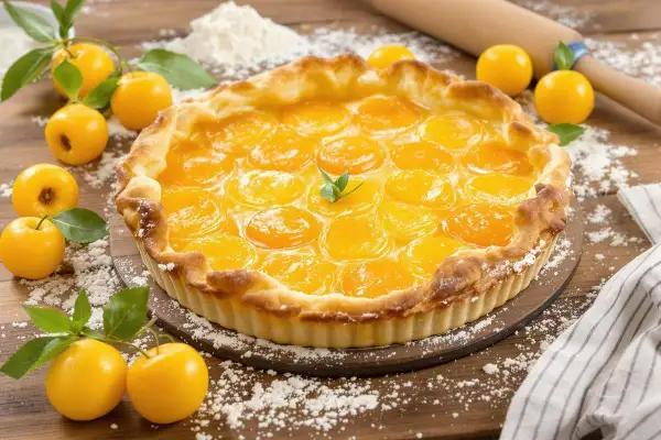 Une délicieuse tarte aux mirabelles, garnie de fruits dorés et d'une pâte croustillante, prête à être dégustée.