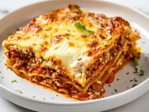 En saftig bit lasagne med lager av köttfärssås, béchamelsås och pasta, toppad med smält ost. Perfekt för ett gott lasagne recept.
