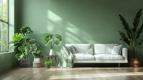 Salon lumineux avec un canapé blanc, des plantes vertes luxuriantes et une peinture sans cov aux tons apaisants.