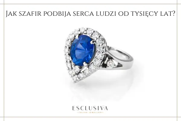 Elegancki pierścionek z dużym, niebieskim szafirem otoczonym brylantami. Szafir znaczenie ma od wieków, symbolizując mądrość i wierność.