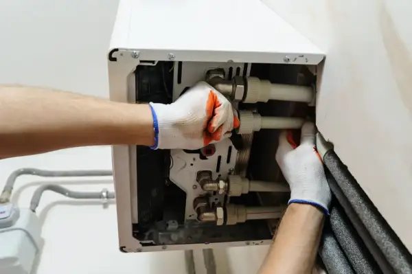 Instalator podłącza rury do nowego pieca gazowego. Pamiętaj, co ile lat wymiana pieca gazowego jest zalecana dla bezpieczeństwa.