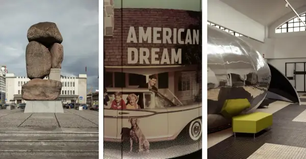Muzeum w Gdyni: rzeźba, obraz "American Dream" i futurystyczna instalacja.