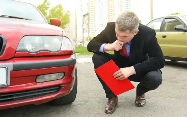 Man i kostym inspekterar en röd bil med en röd pärm, kanske för en digital servicebok.