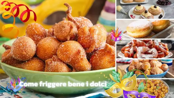 Frittelle dolci dorate e zuccherate, perfette per Carnevale. Diverse varianti di dolci fritti in un collage festoso.