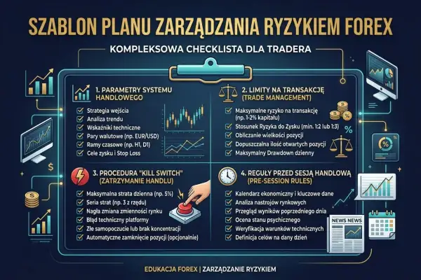 Plan zarządzania ryzykiem na Forex: jak zacząć trading? Checklistę tworzą: parametry systemu, limity transakcji, procedura "kill switch" i reguły przed sesją.