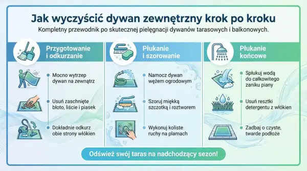 Instrukcja czyszczenia dywanu zewnętrznego: przygotowanie, szorowanie i płukanie. Nawet bardzo brudny dywan odzyska świeżość.