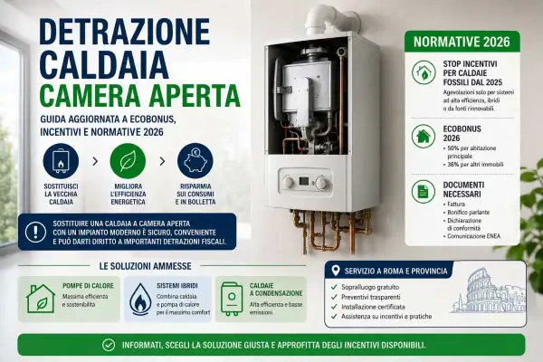 Guida alla detrazione caldaia: sostituisci la vecchia con una a camera aperta per efficienza e risparmio. Normative 2026 e Ecobonus.