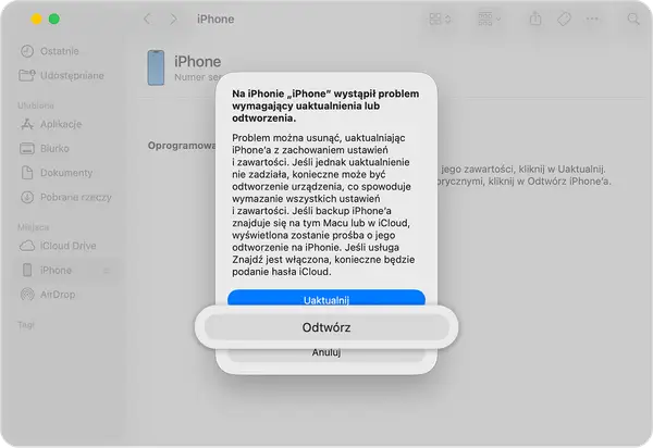 Na iPhonie „iPhone" wystąpił problem wymagający uaktualnienia lub odtworzenia. Połącz z iTunes, aby rozwiązać problem.