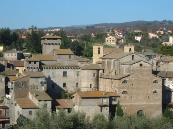Borgo medievale di Carbognano, Viterbo, con torri e case in pietra sotto un cielo azzurro.