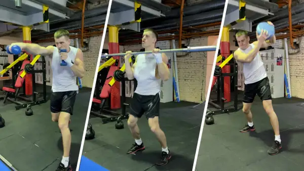 A boxer trains with dumbbells, a barbell, and a medicine ball, showing that boxers lift weights to build strength and power.