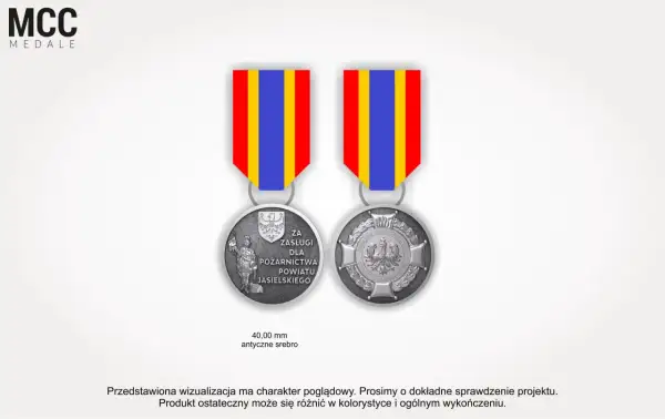 Srebrny medal za zasługi dla pożarnictwa powiatu jasielskiego, z antycznym srebrnym wykończeniem.