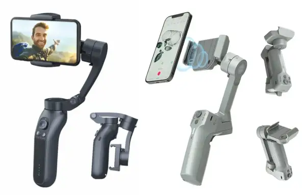 Różne modele gimbale do smartfonów, w tym jeden z uśmiechniętym mężczyzną na ekranie, gotowe do tworzenia płynnych ujęć.