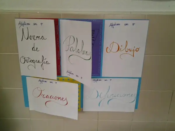 Póster educativo sobre adjetivos con "v": "Norma de Ortografía", "Palabras", "Dibujo", "Oraciones" y "Definiciones".