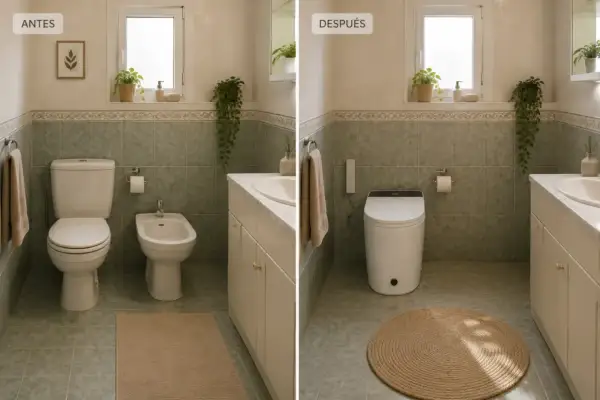 Baño antes y después: se quitó el bidet para instalar un inodoro moderno con funciones avanzadas.