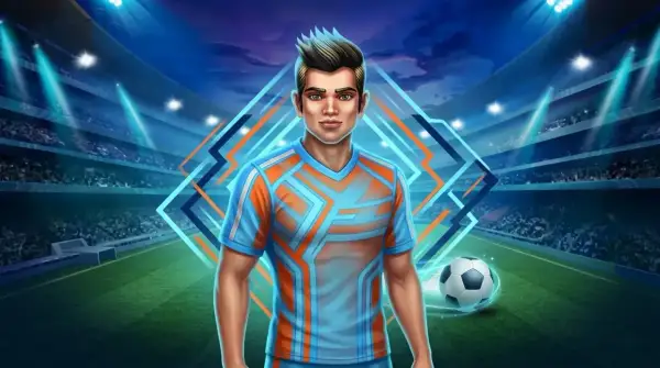 Jugador de fútbol con camiseta azul y naranja en un estadio iluminado, con un balón de fútbol en movimiento.