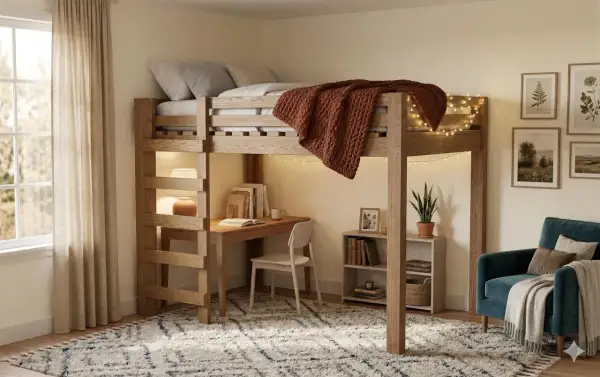 Accogliente open space loft con soppalco in legno, scrivania, libreria e poltrona. Luci soffuse creano un'atmosfera calda.